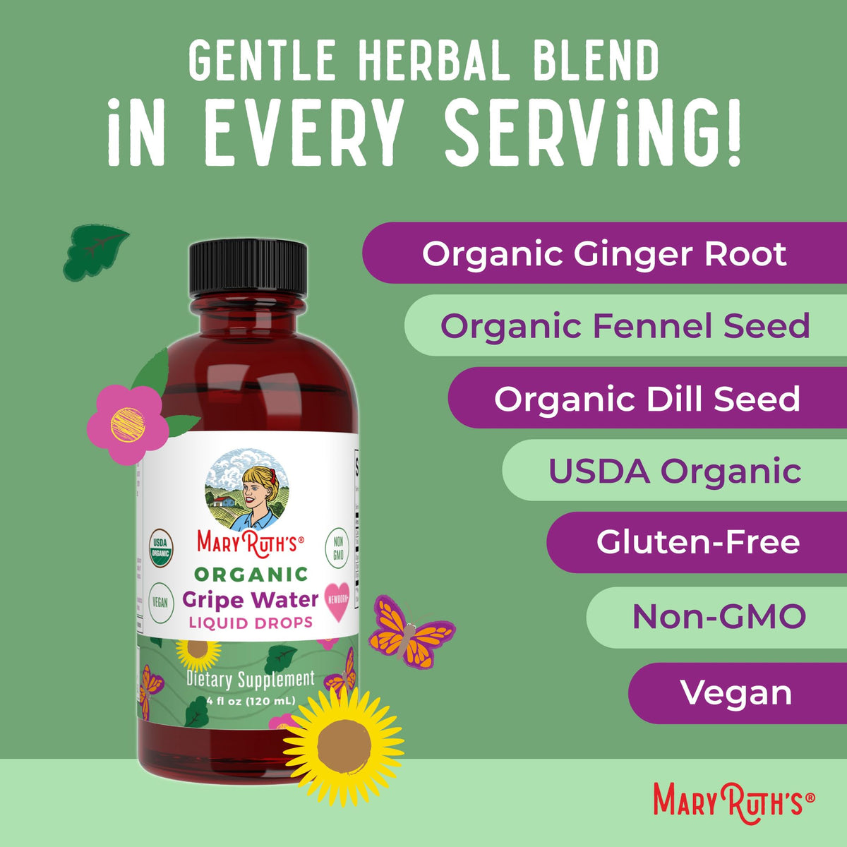 USDA Organic MaryRuth's Gripe Water label on packaging.