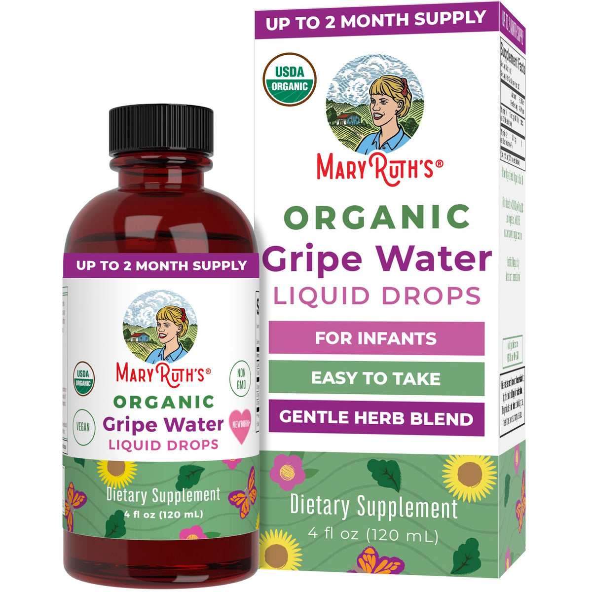 MaryRuth's Gripe Water newborn drops gentle for tiny tummies in a bottle.