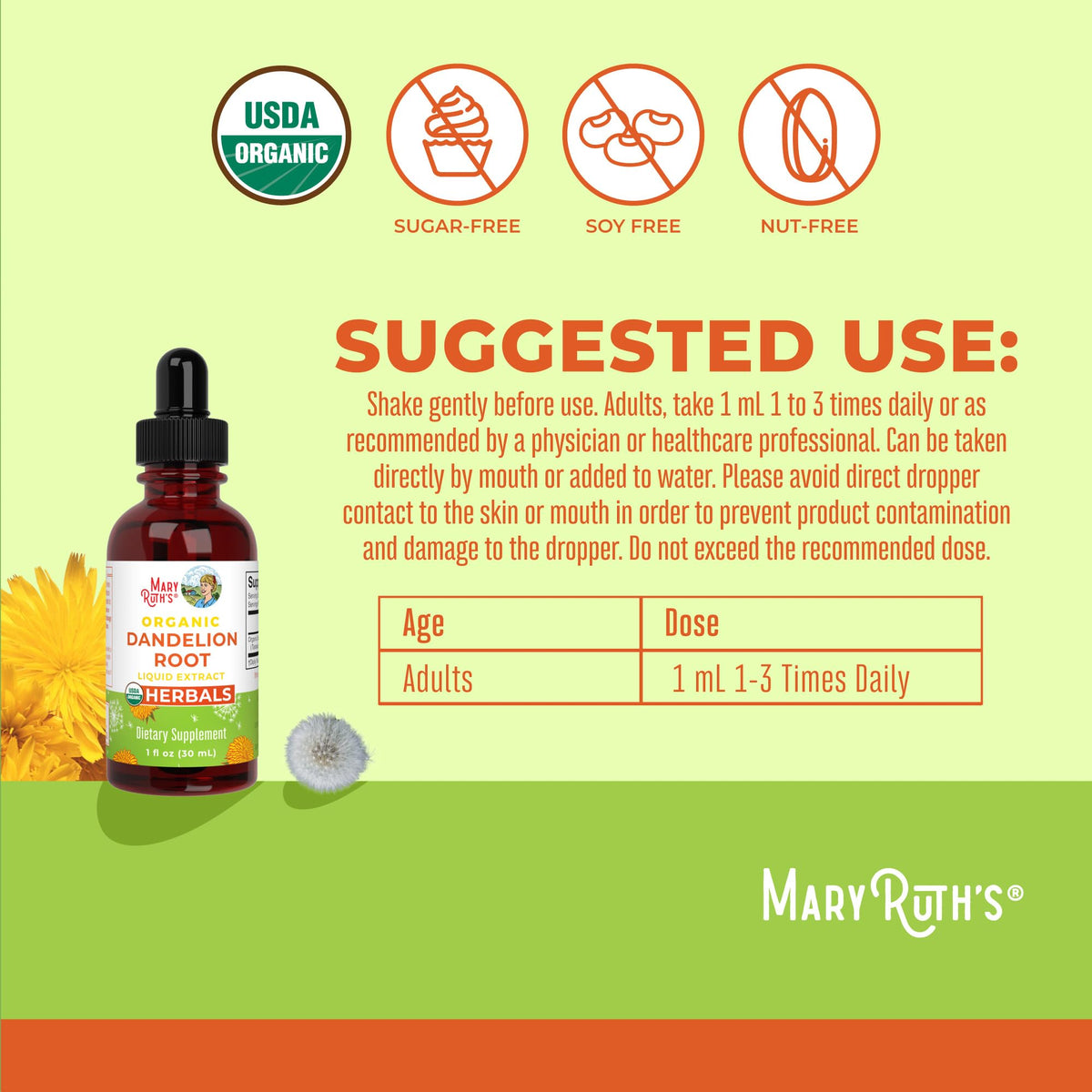 MARYRUTH'S Organic Dandelion Root Extract label close-up showing clean ingredients