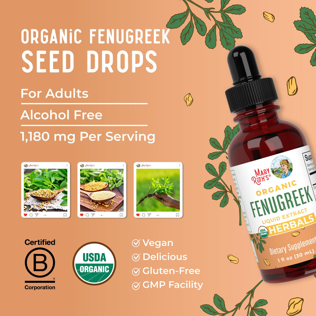 MaryRuth's fenugreek liquid extract dosage guide visible on the label.