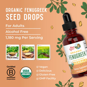 MaryRuth's fenugreek liquid extract dosage guide visible on the label.