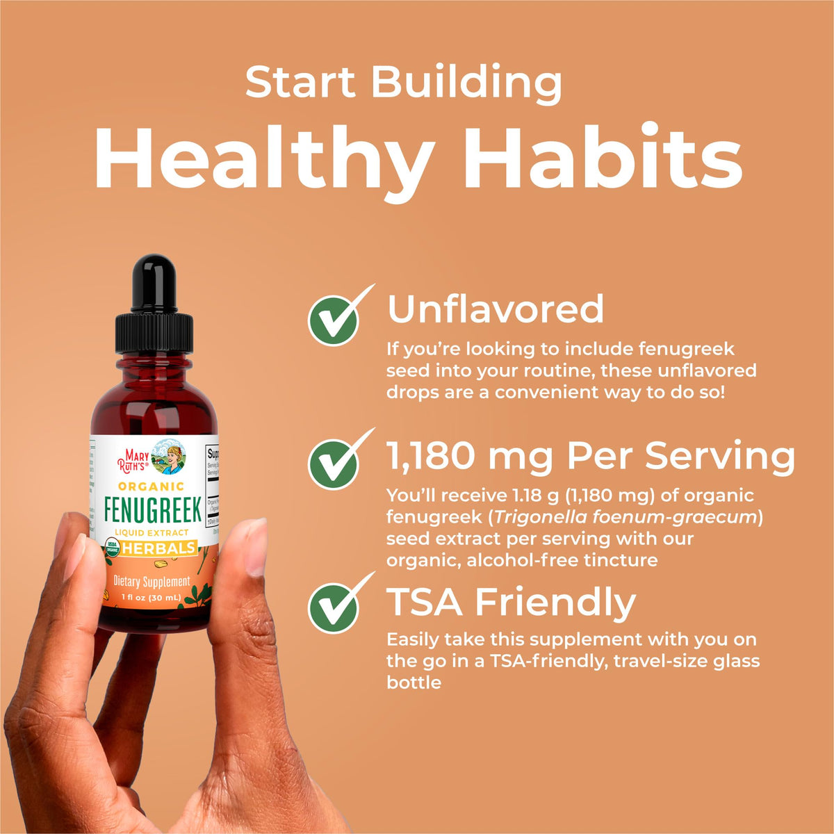 MaryRuth's fenugreek travel-size bottle fits on-the-go routines.
