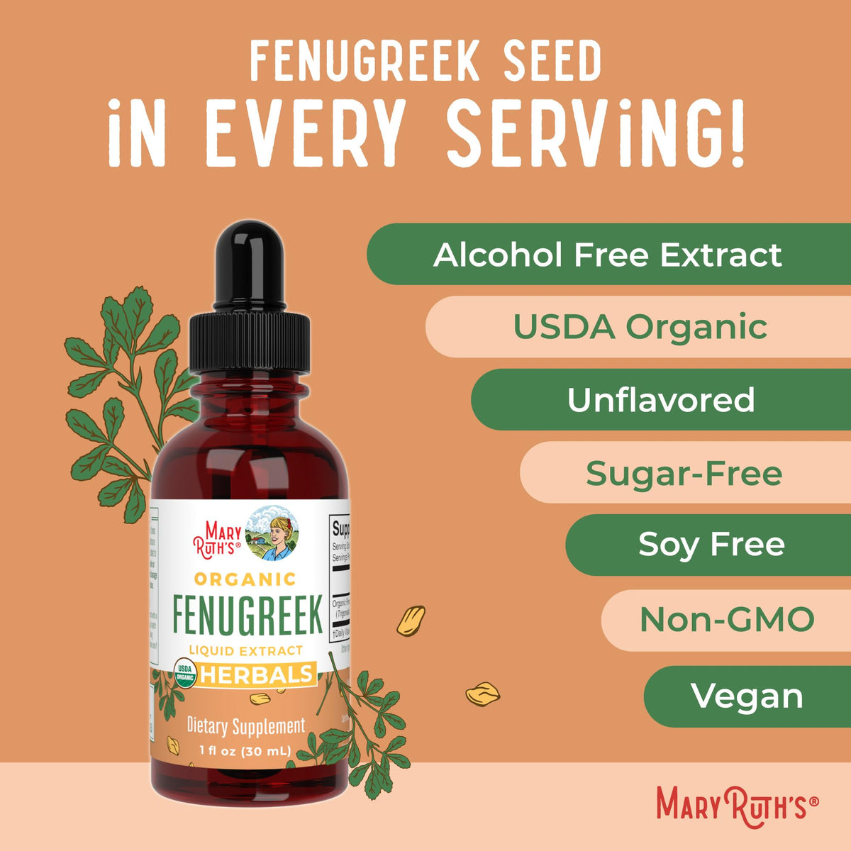 MaryRuth's fenugreek drops vegan and gluten-free formula in a compact bottle.