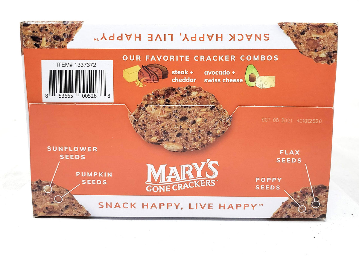 Mary's Gone Crackers organic ingredients label, highlighting gluten-free and clean ingredients.