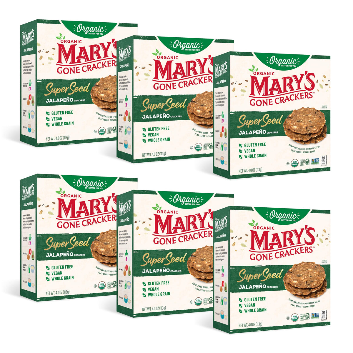 Mary's Gone Crackers Super Seed Jalapeño crackers pack: organic and vegan-friendly snack option.