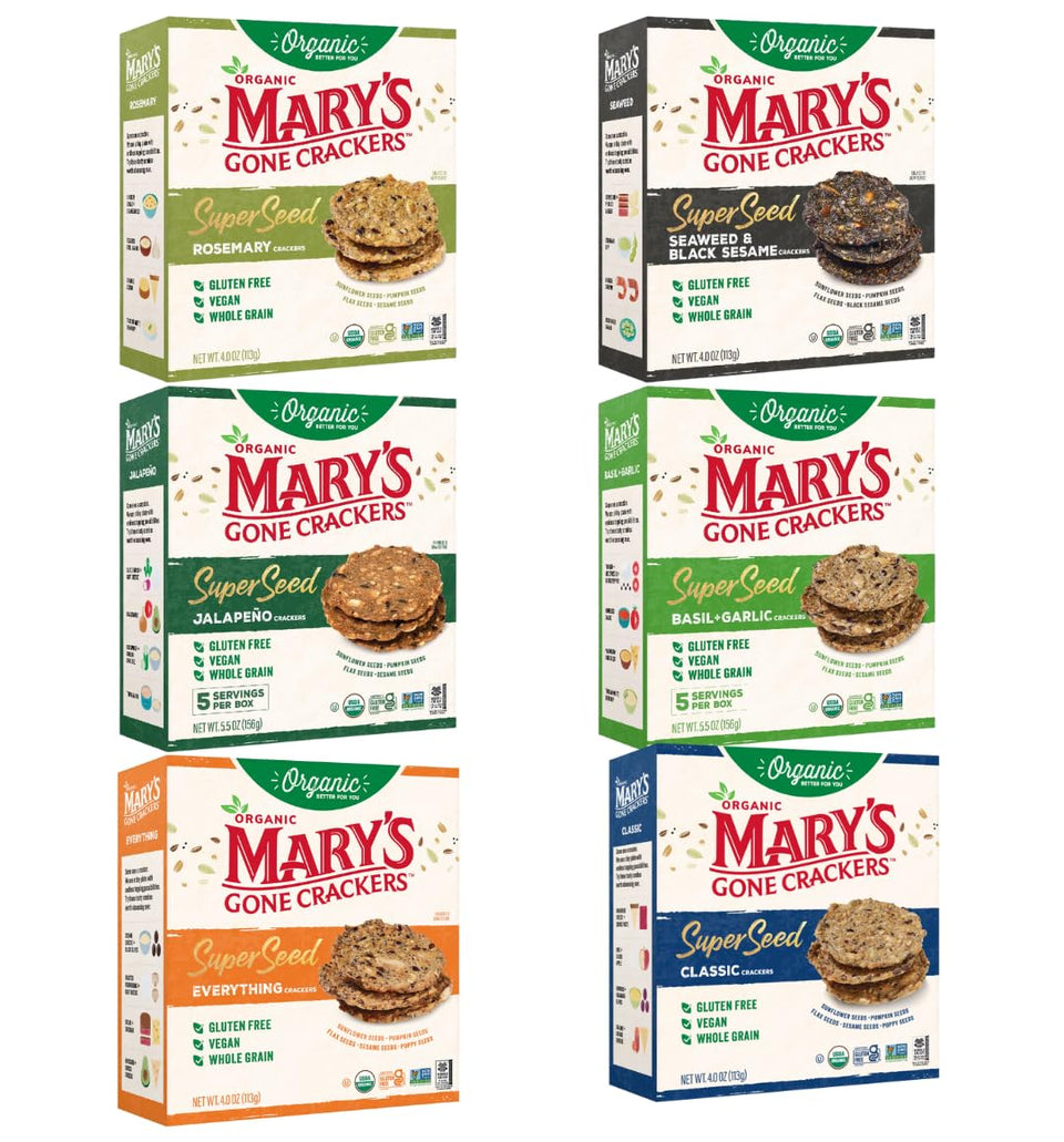 Mary's Gone Crackers SuperSeed Everything crackers deliver savory crunch and versatile snacking.