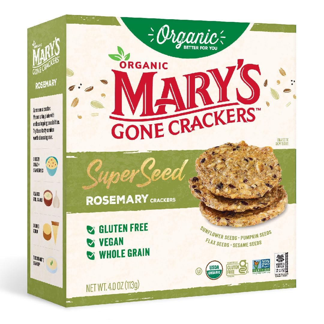 Mary's Gone Crackers SuperSeed Seaweed & Black Sesame crackers offer umami notes and gluten-free crunch.