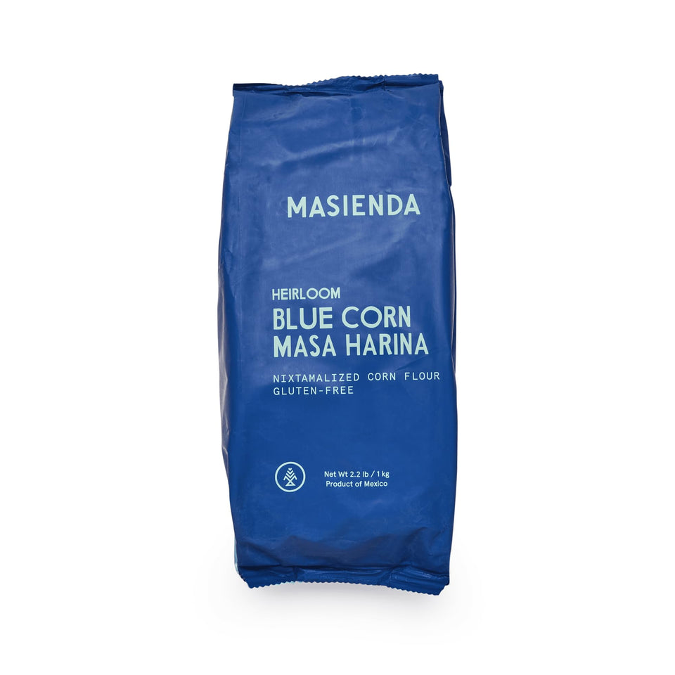 Masienda Heirloom Blue Corn Masa Harina bag front, ready for authentic tortillas.
