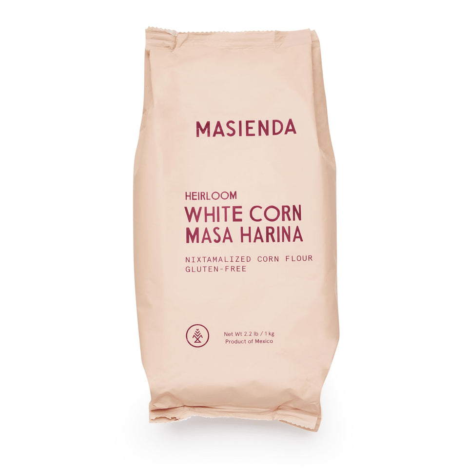 Masienda heirloom white corn masa harina bag closeup highlighting premium, authentic masa for tortillas.