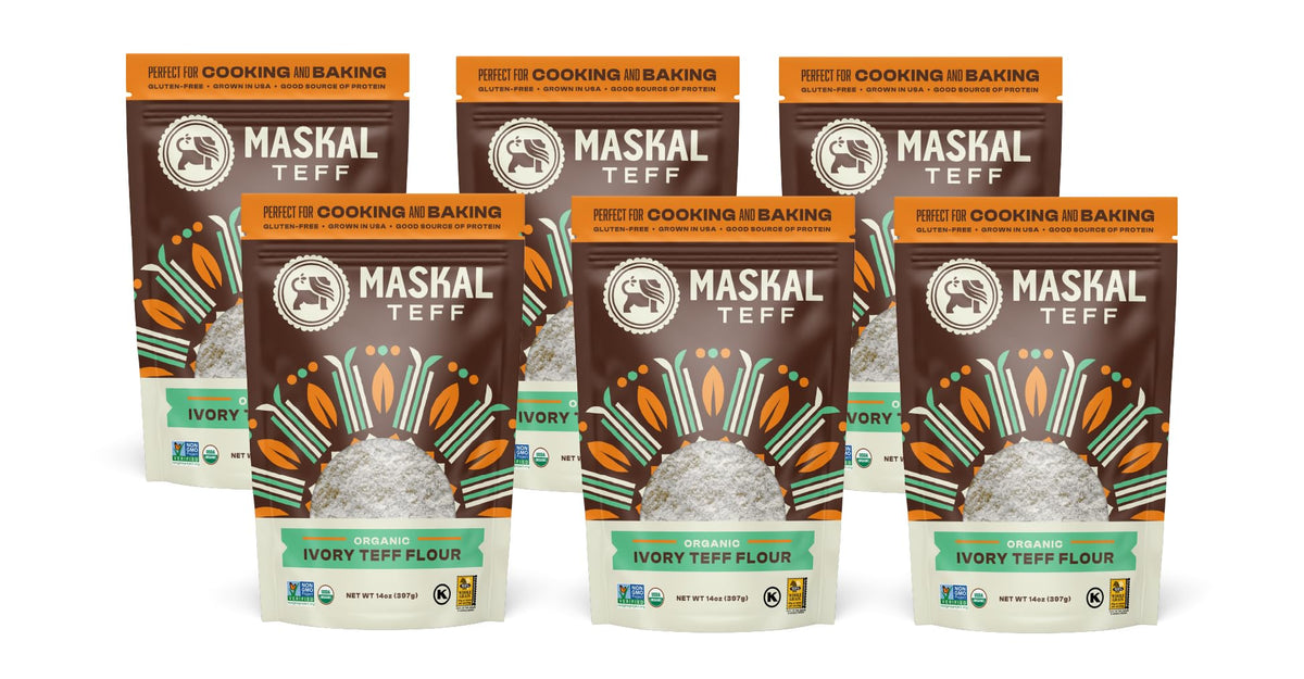 Maskal Teff Ivory Flour in a 6-pack packaging, ideal for gluten-free bakers