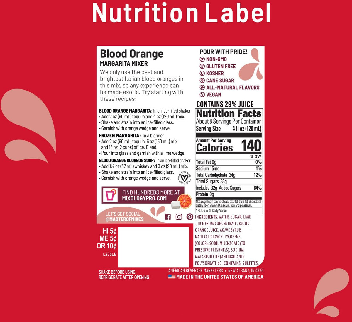 Master of Mixes Blood Orange Margarita label close-up showing premium ingredients