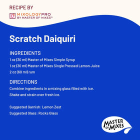 Master of Mixes Cocktail Essentials label highlights premium ingredients.