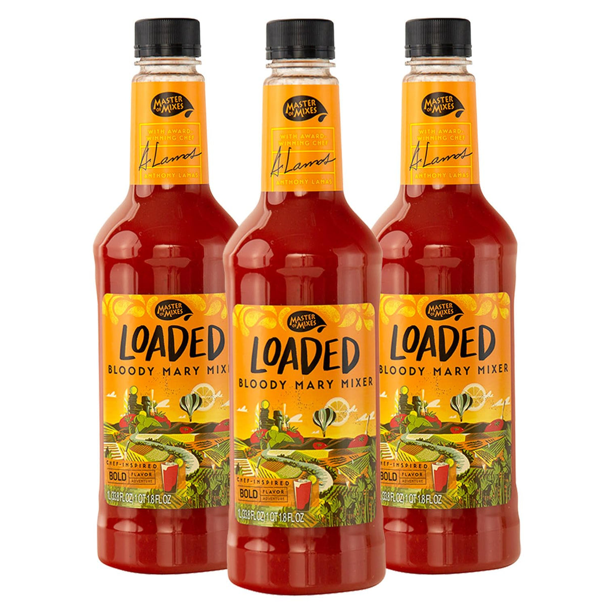 MASTER OF MIXES Loaded Bloody Mary bottle pour for quick, flavor-packed cocktails.