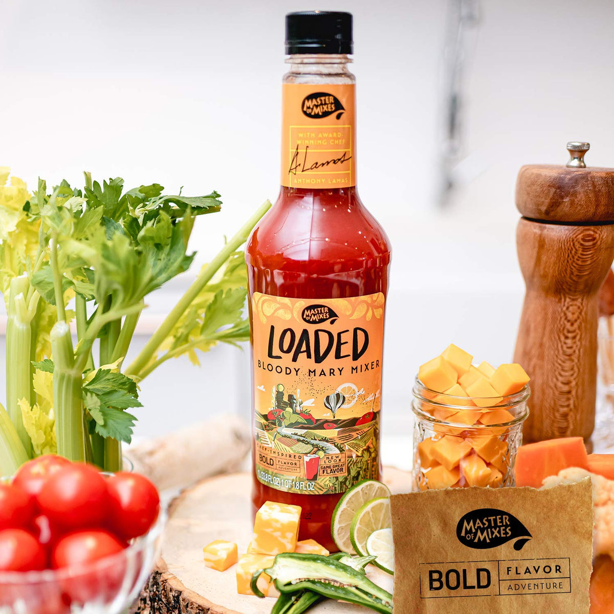 Master of Mixes Loaded Bloody Mary glass served with garnish for brunch-ready cocktails.