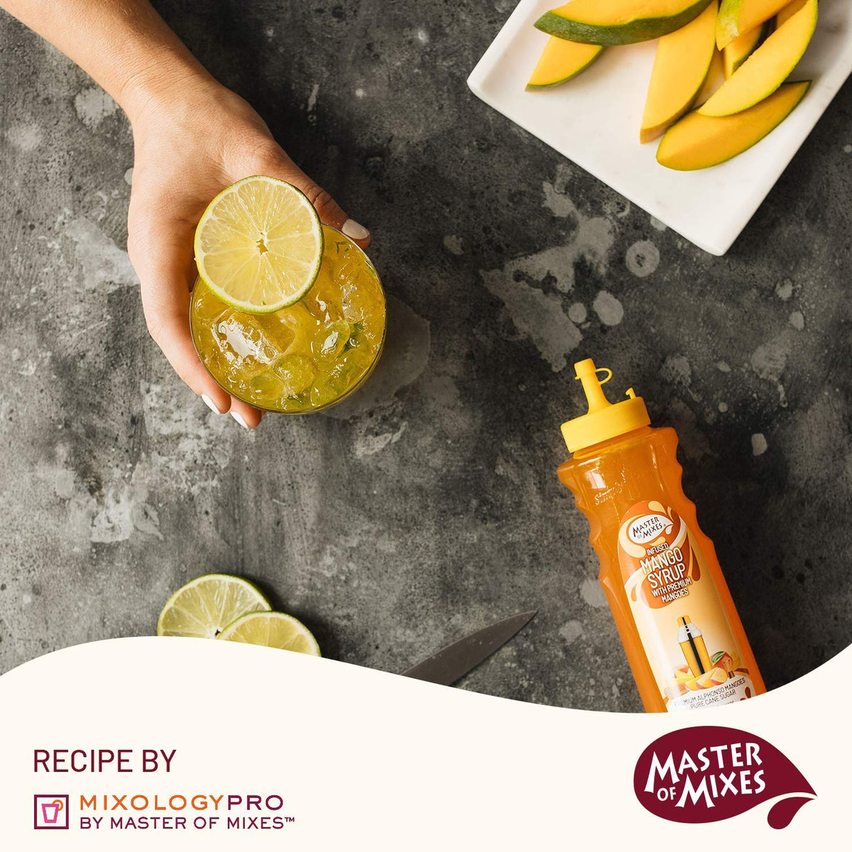 Mango syrup bottle on a bar setup for Mango Daiquiri or Julip inspiration.
