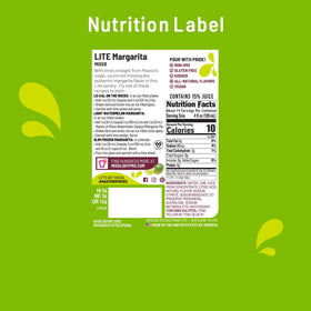 Master of Mixes Margarita Lite bottle back, 93% fewer calories highlighted on label.