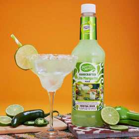 Master of Mixes Margarita Lite label close-up showing lime and lemon imagery.