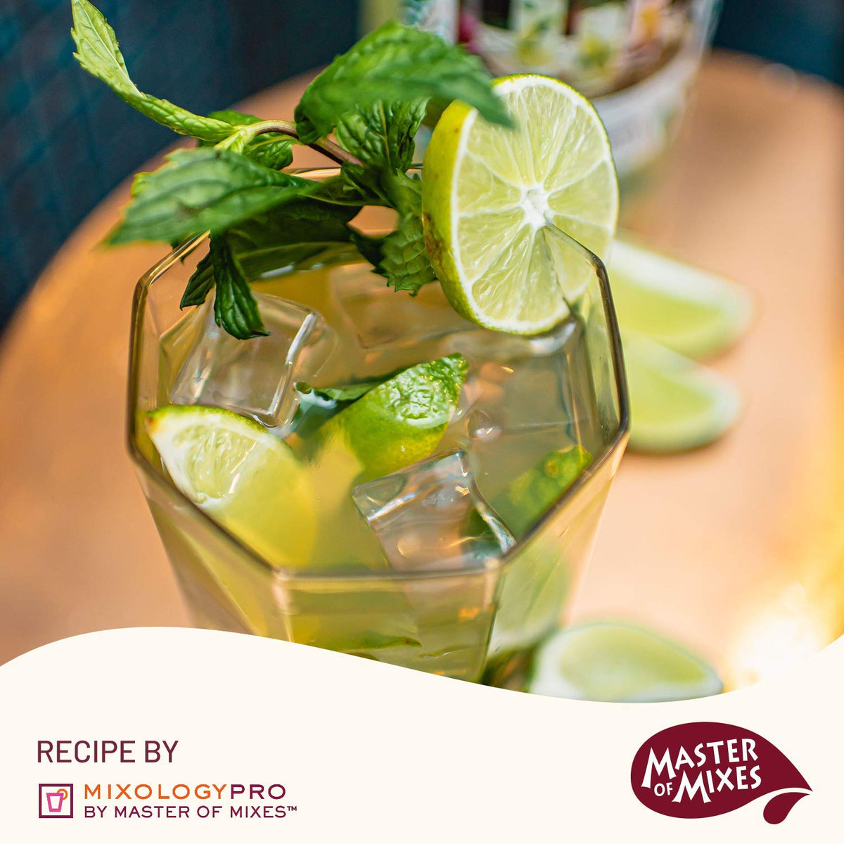 Master of Mixes Mojito Drink Mix mint-lime close-up, fresh aroma ideal for cocktails.