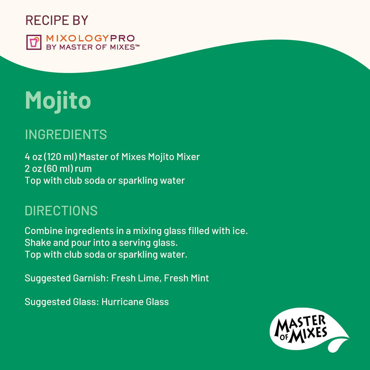 Master of Mixes Mojito Drink Mix pour action, convenient cocktail base for mixing.