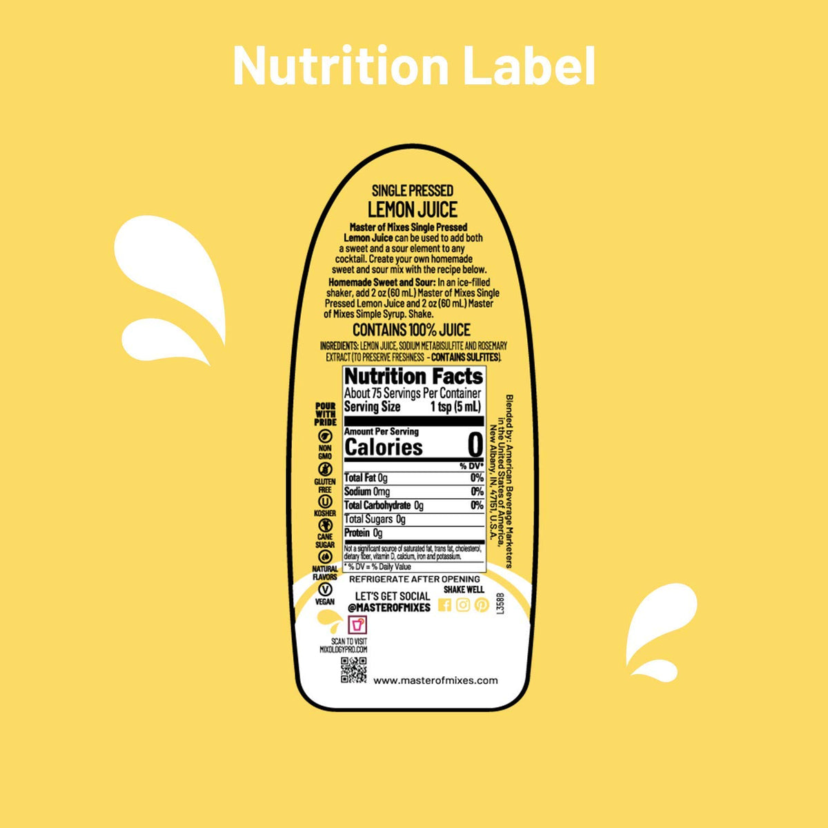 Master of Mixes single-pressed lemon juice bottle highlighting pure citrus flavor