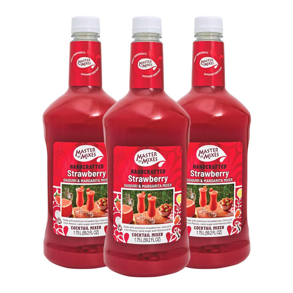 Master of Mixes Strawberry Daiquiri Margarita Mix 3-pack bottles ready for entertaining.