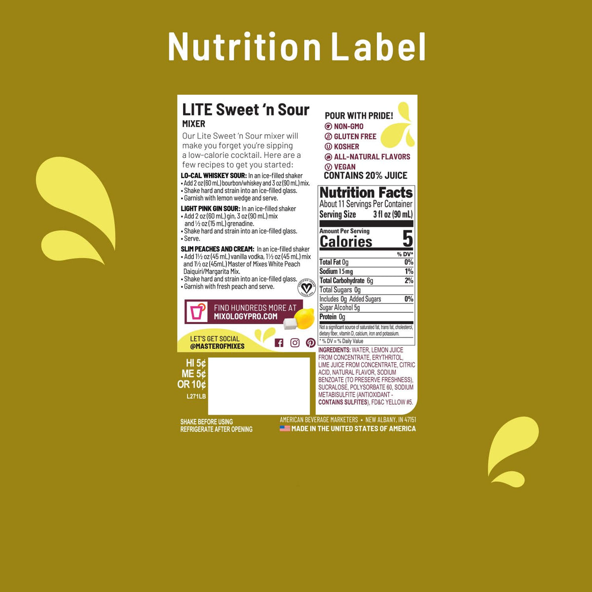 Master of Mixes Sweet N' Sour Lite bottle image highlighting 1L packaging for batch drinks