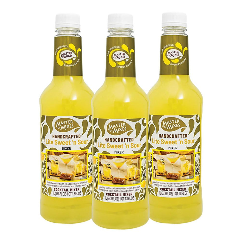 Master of Mixes Sweet N' Sour Lite pour image showing a ready-to-use mixer for vibrant cocktails