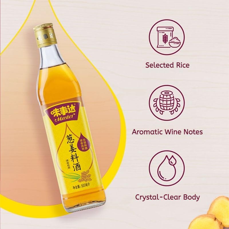 Pouring Master Scallion & Ginger Cooking Wine enhances aroma during stir-frying.