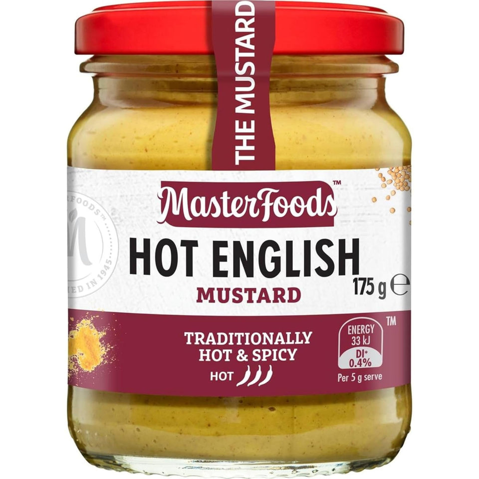 MasterFoods Hot English Mustard 175g bottle front shows bold flavor for roasts