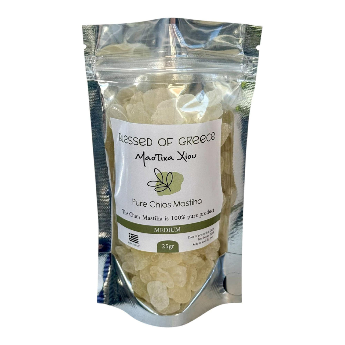 Mastic of Chios 25g pack with medium tears for durable chewing and facial toning.
