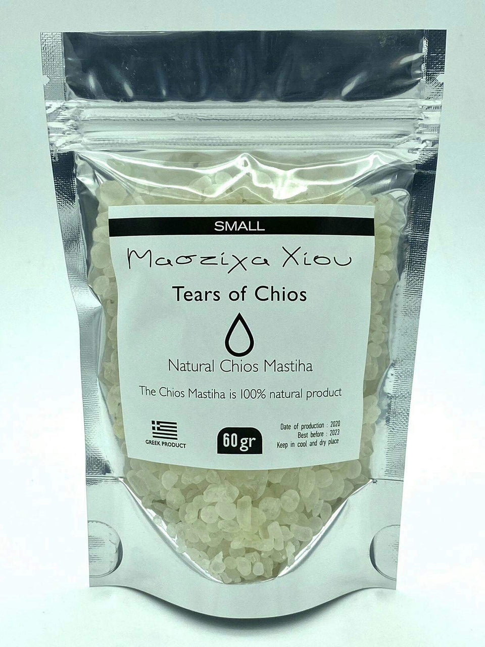 Mastic of Chios Tears Pack 60gr front view highlighting aroma and chewability.