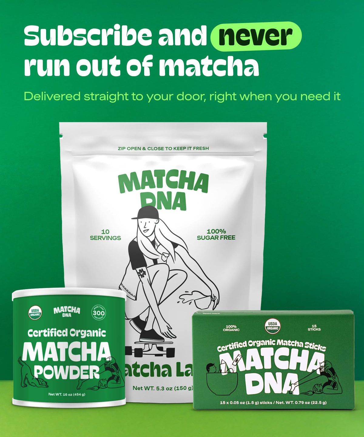 MATCHA DNA sticks used in baking and dessert recipes.