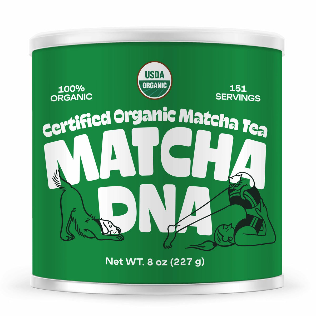 MATCHA DNA certified organic matcha powder in a tin can for daily rituals.
