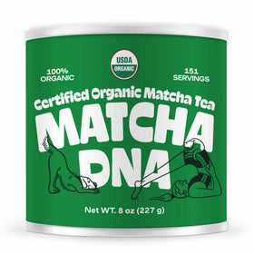 MATCHA DNA certified organic matcha powder in a tin can for daily rituals.