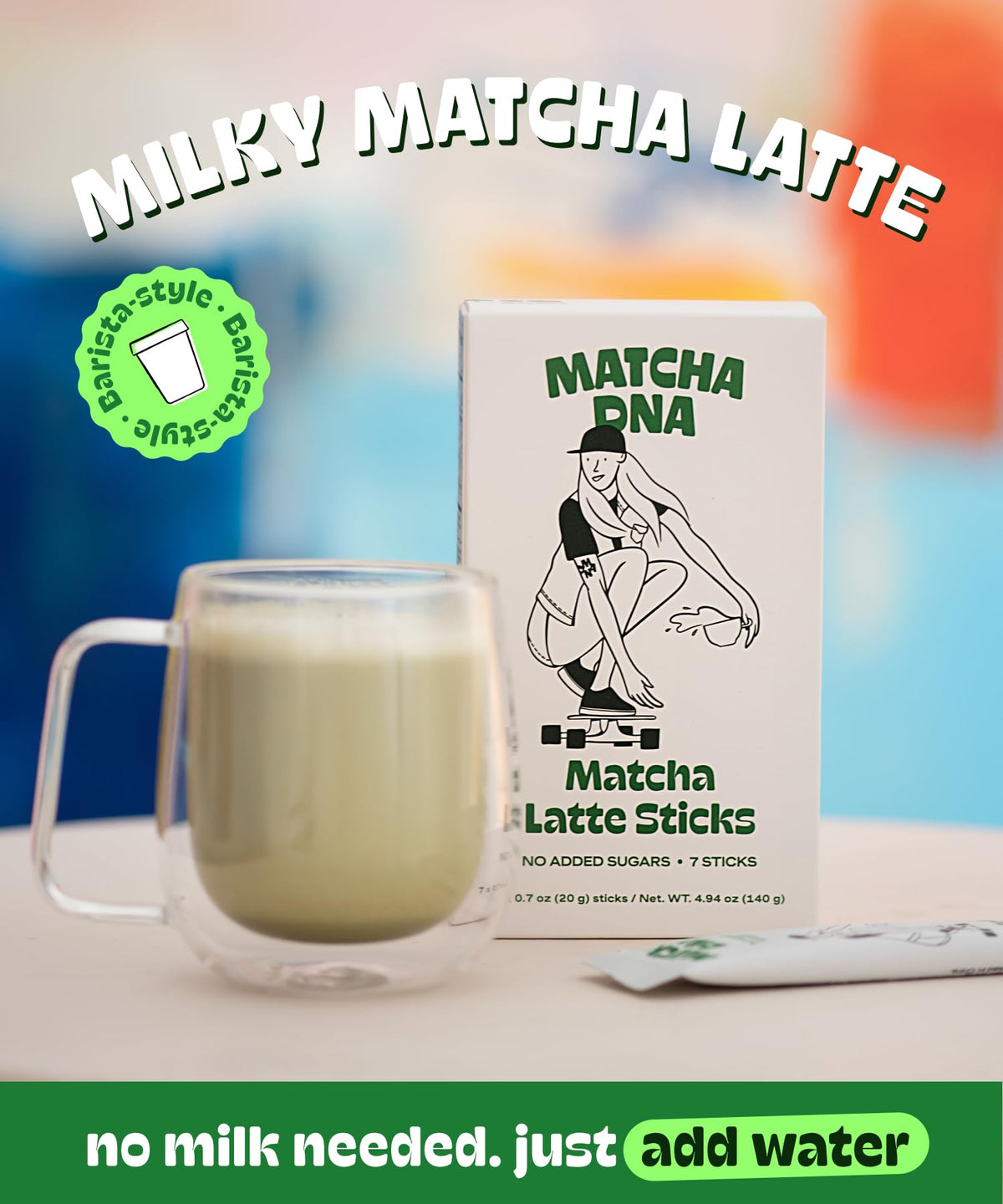 MATCHA DNA coconut matcha latte stick pour showing quick latte preparation.
