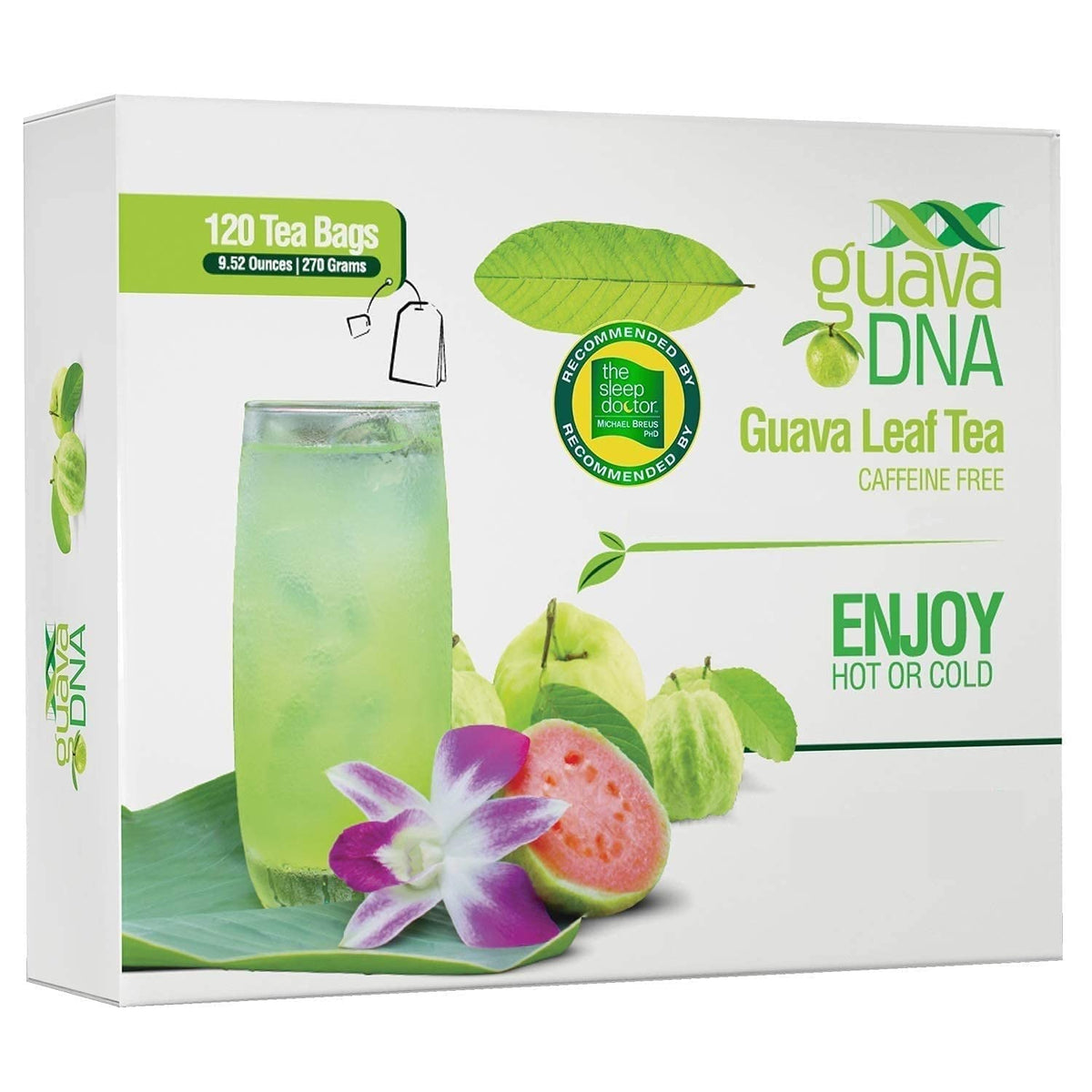 MATCHA DNA Guava Leaf Tea bags closeup, caffeine-free relaxation option.