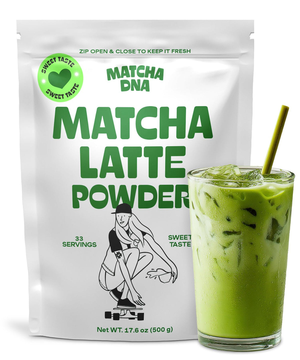 MATCHA DNA latte pouch front for convenient at-home latte option.