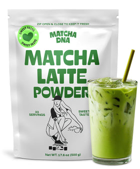 MATCHA DNA latte pouch front for convenient at-home latte option.