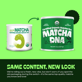 MATCHA DNA organic matcha latte powder on spoon, ready for creamy drinks.