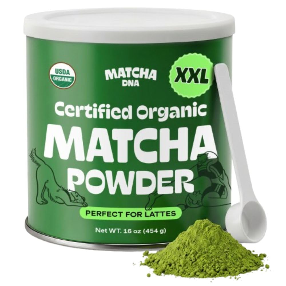 Matcha DNA organic matcha powder 16oz tin, vibrant green for daily tea and drinks.