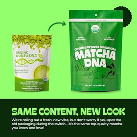 MATCHA DNA organic matcha powder closeup, vibrant green for smoothies and lattes.