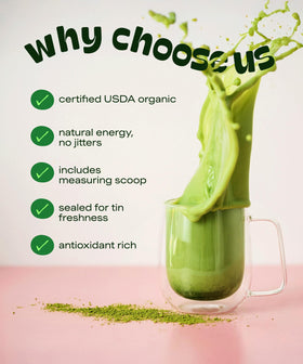 Daily-use ritual with Matcha DNA powder, vibrant green for energizing drinks.