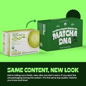 Packaging closeup showing organic label for MATCHA DNA.