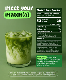 MATCHA DNA pouch label close-up with nutrition and serving details.