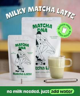 MATCHA DNA prepared latte cup with creamy, sugar-free flavor.