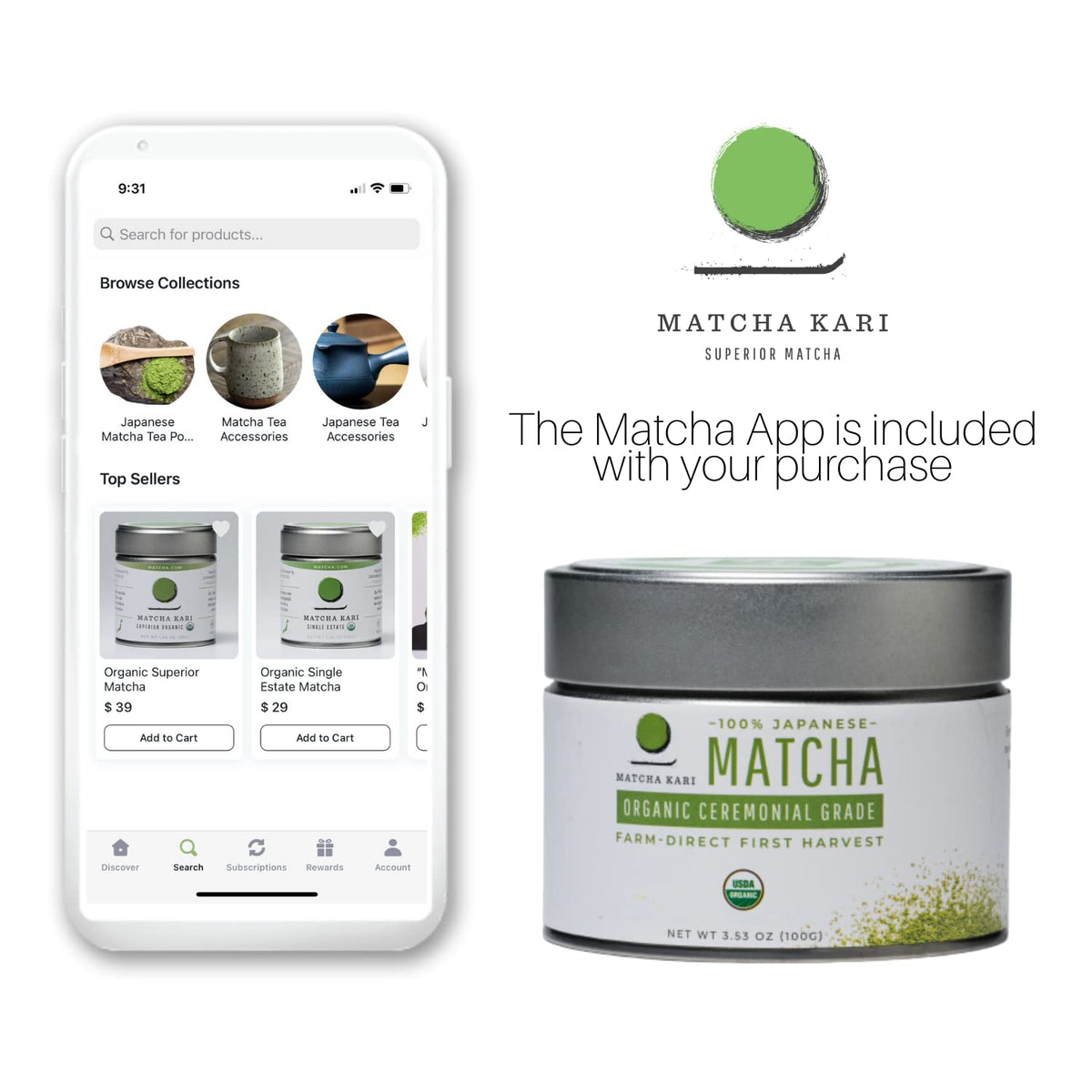 Front view of 30g Matcha Kari tin