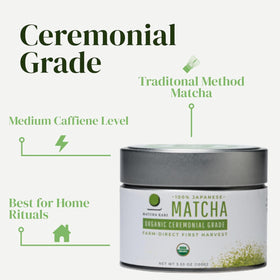 Ceremonial-grade Matcha Kari powder contained in a recyclable tin