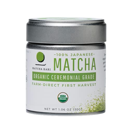 Matcha Kari ceremonial-grade matcha in a tin, ideal for hot or cold tea preparation