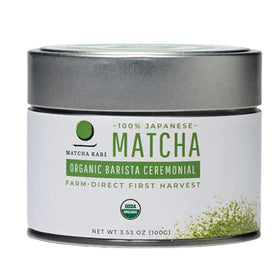Matcha Kari organic matcha powder in tin, vibrant and fresh for daily rituals.
