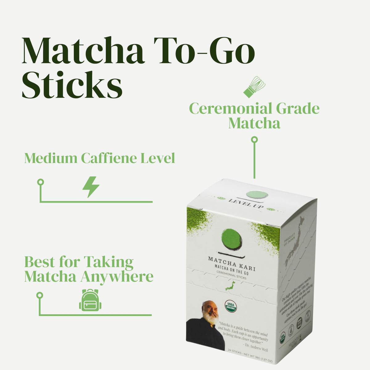 Matcha Kari stick close-up shows vibrant powder ideal for quick whisking.